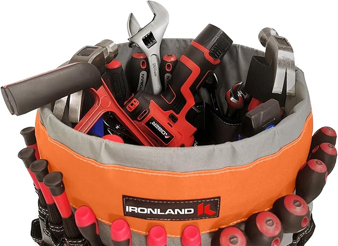 IRONLAND Bucket Tool Organizer Fit 3.5-5 Gallon Bucket, 51 Pockets, Bucket Tool Caddy Organization for Garden, Construction, Carpenter, Electrician, Builder Orange & Black