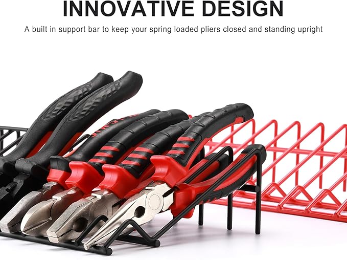 CASOMAN Plier Organizer Rack, 2 Pack, Pliers Cutters Organizer, Stores Spring Loaded, Black & Red, 29-Slot Plier Rack, Keep Pliers Organized in Tool Drawer