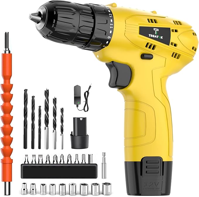 Tegatok Cordless Drill Set,12V Power Drill Set with Battery and Charger, Electric Driver Drills Bits, 3/8'' Keyless Chuck,18+1 Torque Setting with LED Electric Drills Set, Yellow