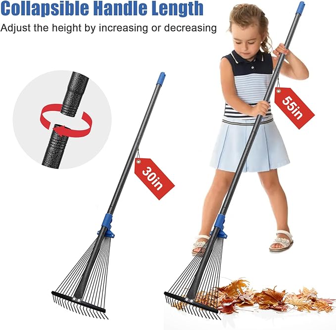 Adjustable Metal Leaf Rake Long Handle, 72 inch Garden Rakes for Lawns Heavy Duty Leaves with Expandable Head 8-17", Yard Women Kids Rake for Gardening RV Camping