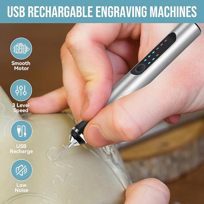 Electric Engraving Pen with 37 Bits, USB Rechargeable Cordless Engraving Machine, Portable DIY Rotary Engraver for Jewelry Wood Glass Stone Carving (Silver)