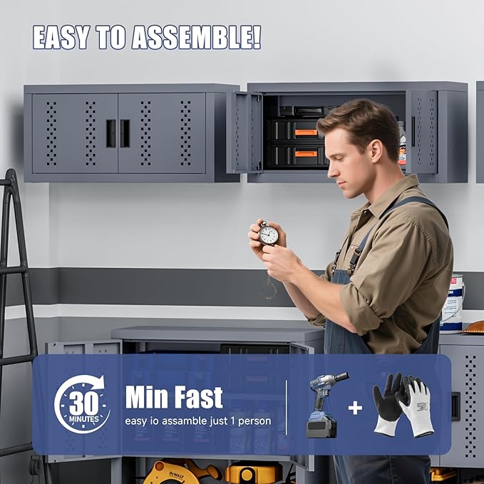 Metal Garage Storage Cabinet Industrial Style Wall Garage Cabinets with 2 Doors Tool Cabinets Wall Mounted Steel Hanging Cabinet for Warehouse Basement Kitchen Laundry - Assembly Required