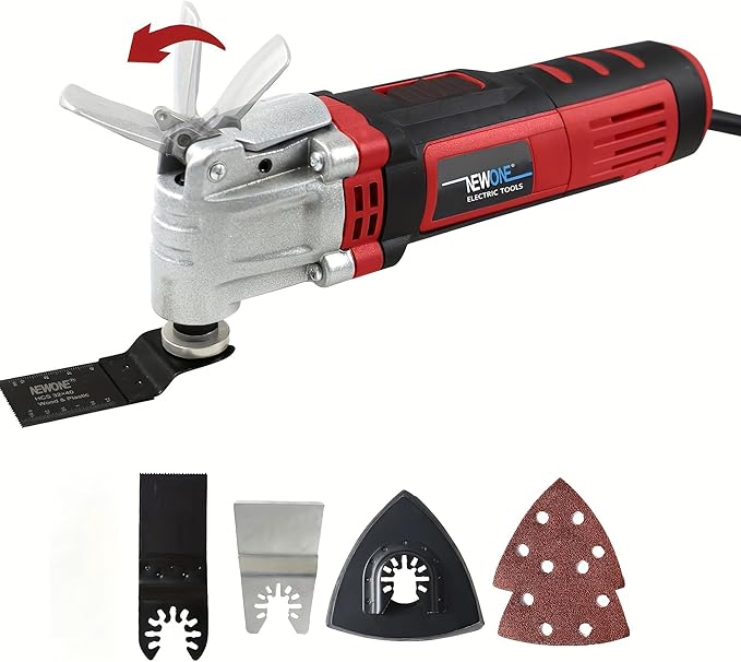 NEWONE Oscillating Tool 4 Amp Oscillating Multi-Tool Kit with 4° Oscillation Angle,6 Variable Speed with 5-piece Electric Multitool Blades (Red Black)