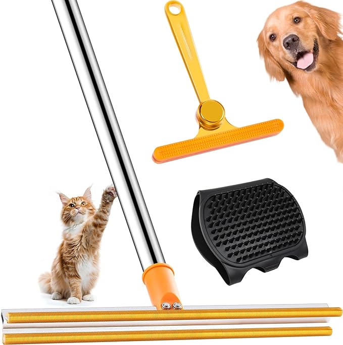 3 in 1 Carpet Rake for Pet Hair Removal Tool, 51” Adjustable Long Handle Pet Hair Removal Broom, Pet Grooming Brush, Cat Dog Hair Remover Carpet Scraper for Rugs, Mats