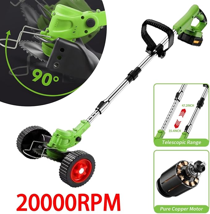 21V Electric Weed Wacker Eater Battery Powered, Cordless Weed Trimmer with 2 Battery Operated & Wheels, 3 in 1 Lightweight Grass Trimmer/Edger/Brush Cutter for Garden Yard Lawn