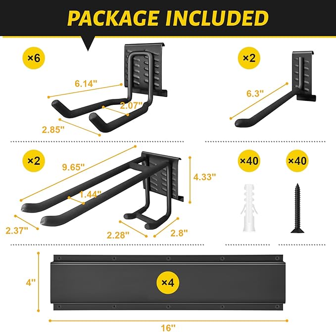 Garage Tool Organizer Wall Mount, 64 Inches Garden Tool Organizer with Adjustable Hooks, Metal Garage Storage Rack Max Loading 620lbs, Tool Holder for Hanging Rake Broom Mop Snowboard