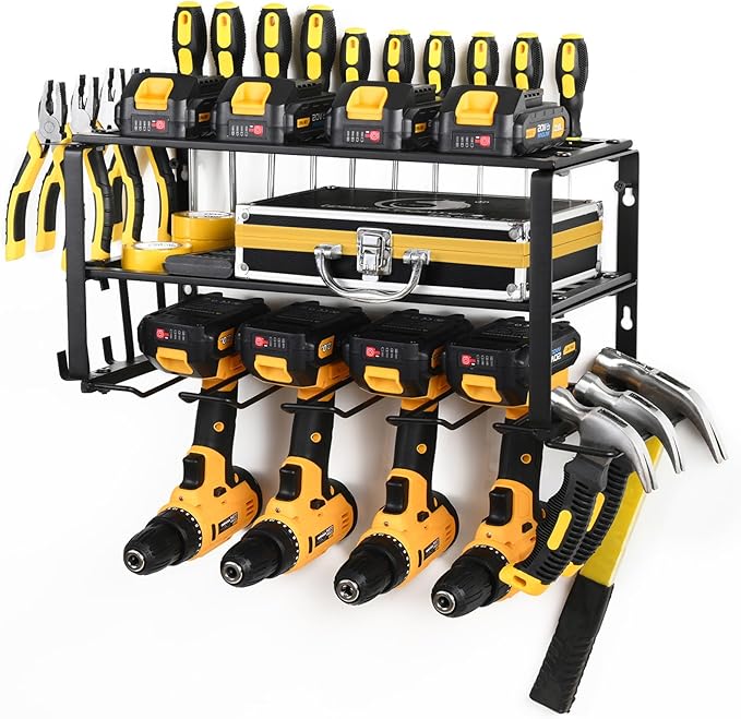 Power Tool Organizer Wall Mount,battery storage rack,Heavy Duty Iron Material, Garage & Workshop Tool Organizer Storage,150Lbs Load 3 Layers Storage Rack with 4 Drill Holders for Drills Cordless Tools