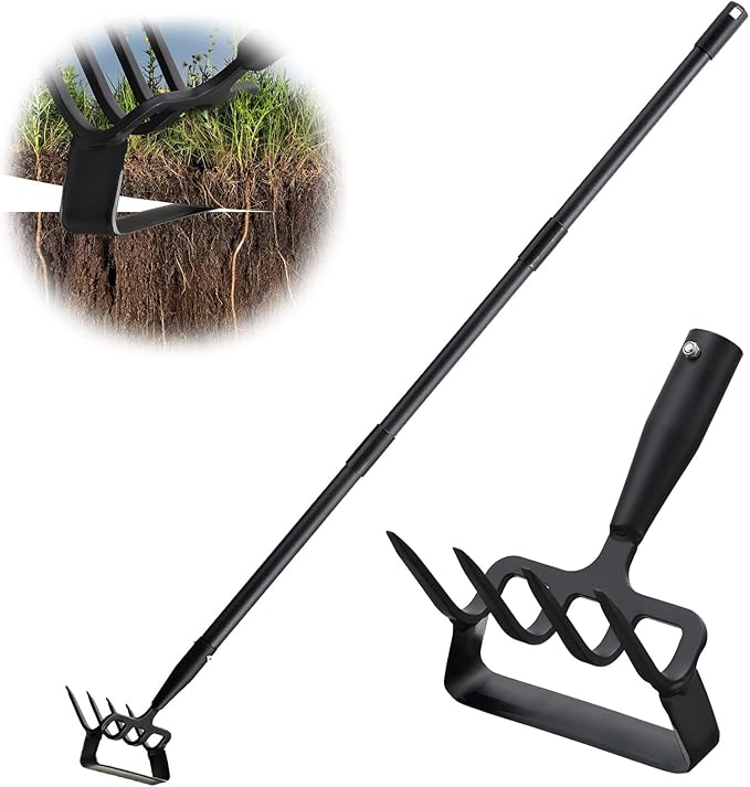 Garden Hoe, Cultivator Stirrup Hoe Garden Tool for Weeding, 73 Inch Heavy Duty Hula Hoe with Adjustable Long Handle, Scuffle Loop Hoe with Rake 2-in-1 Gardening Tool for Loosening Pulling Weed