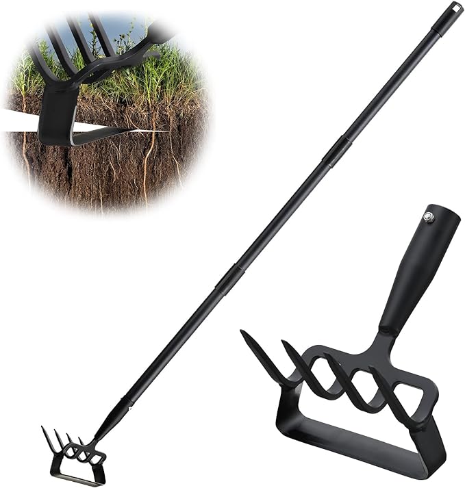 Garden Hoe, Heavy Duty Hula Hoe Garden Tool for Weeding, 62 Inch Cultivator Stirrup Hoe with Adjustable Long Handle, Action Scuffle Loop Hoe with Rake 2-in-1 Gardening Tool for Loosening Pulling Weed