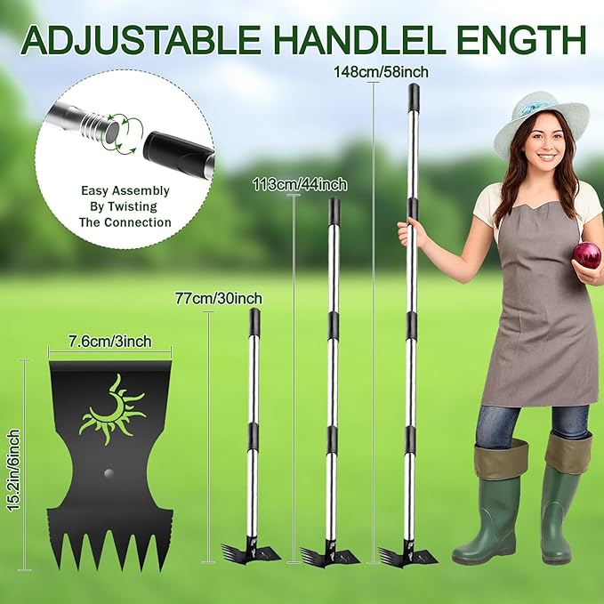 Weed Puller Tool with Long Handle, 60inch Manual Weed Puller Tool, Stainless Steel 2 in 1 Hand Weed Rake,Heavy Duty Garden Hoe for Gardening, Uprooting Weeder Remover for Patio, Lawn, Yard