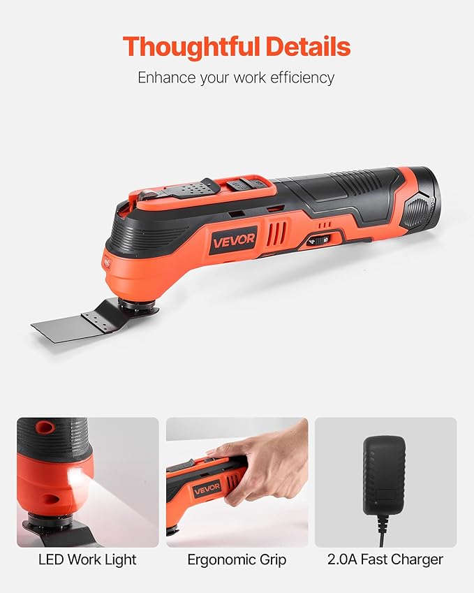 VEVOR Cordless Oscillating Tool, 12V Multitool Oscillating Saw Tool with 6 Variable Speeds 6000-17500 OPM, 3.2° Oscillation Angle, 2.0Ah Battery Pack & Charger, 8PCS Saw Accessories & LED Work Light