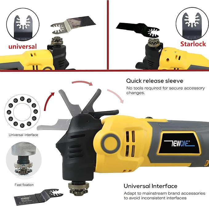 NEWONE Anti-vibration Oscillating Tool 4 Amp Oscillating Multi-Tool Kit with 4° Oscillation Angle,6 Variable Speed with 5-piece Electric Multitool Blades (Yellow Black)