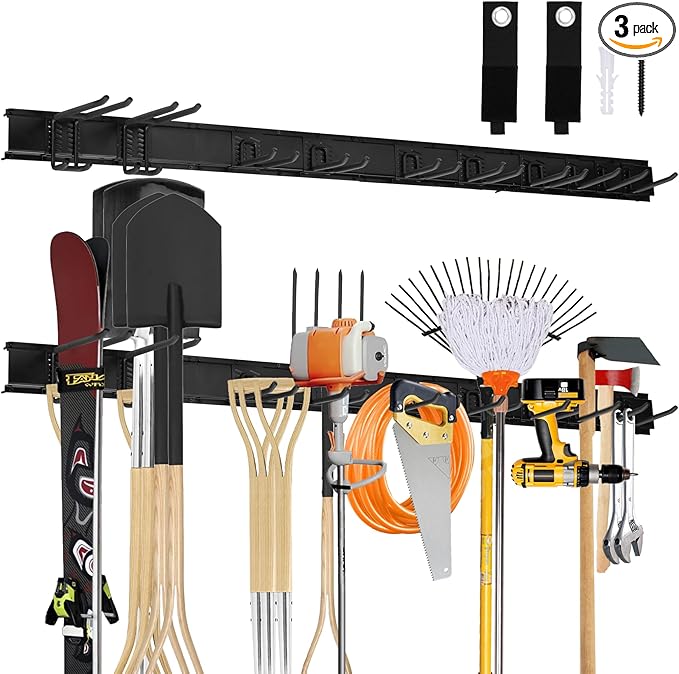48" Garage Tool Organizer Wall Mount - 440lbs Heavy Duty Metal Rack with Adjustable Hooks, Anti-Rust Shed Storage for Shovels/Rakes/Brooms/Mowers, Efficient Garage & Garden Organization
