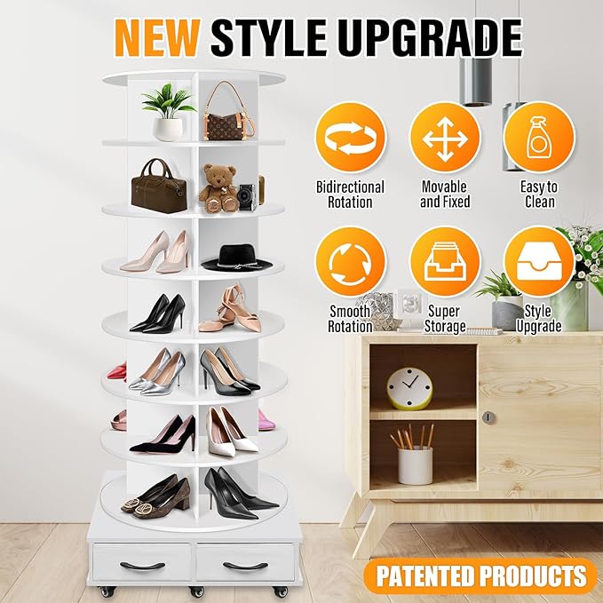 8 Tier Rotating Shoe Rack Tower contains 2 drawers, Spinning Shoe Rack Display Lazy Susan, Revolving 360 Shoe Racks Storage Round Carousel, Equipped with 5 Universal Wheels with Brake Function