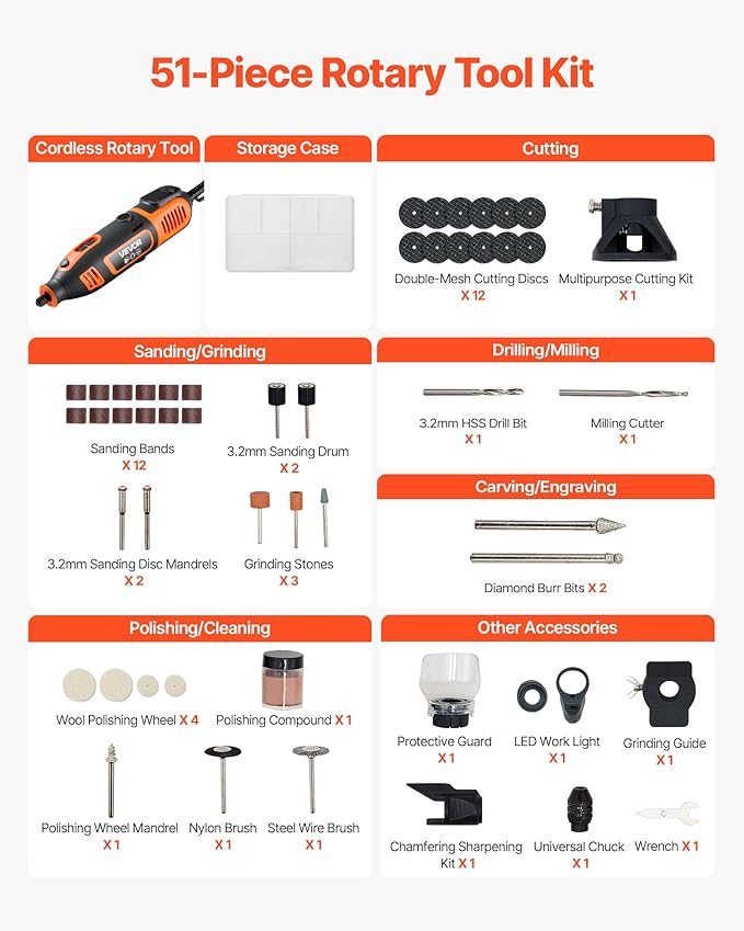 VEVOR 51-Piece Rotary Tool Kit, 200W Mini Power Rotary Tool Corded, 8000-40000RPM Multi-Purpose DIY Tools with Universal Chuck for Engraving, Sanding, Grinding, Polishing, Cutting, DIY Crafts