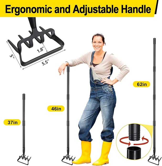 Garden Hoe, Heavy Duty Hula Hoe Garden Tool for Weeding, 62 Inch Cultivator Stirrup Hoe with Adjustable Long Handle, Action Scuffle Loop Hoe with Rake 2-in-1 Gardening Tool for Loosening Pulling Weed