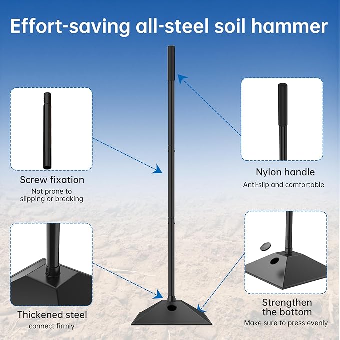 New multi purpose steel tamper with water-filled weighting and rubberized handle, 10x10in-57in, 3-section handle for compacting soil gravel asphalt and driveways, garden and landscaping tools