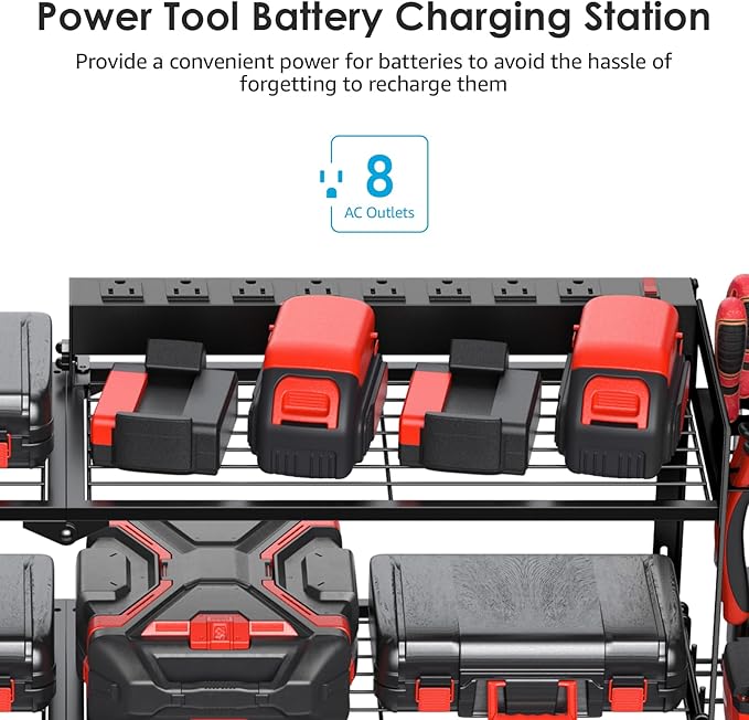 CCCEI Large Garage Tools Storage with Charging Station. Power Tool Battery Organizer Utility Shelf with Power Strip. 4 Drills Holder Wall Mount Rack.