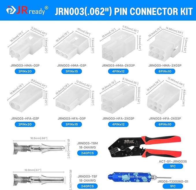 JRready ST6552 .062” Pin Connector Kit 3.68mm Pitch Upgraded Handle Pin Removal Crimping Tool 2pin 3pin 4pin 6pin Molex Wire Connectors Housing 18-24AWG Pins Sockets 1.57mm Diameter