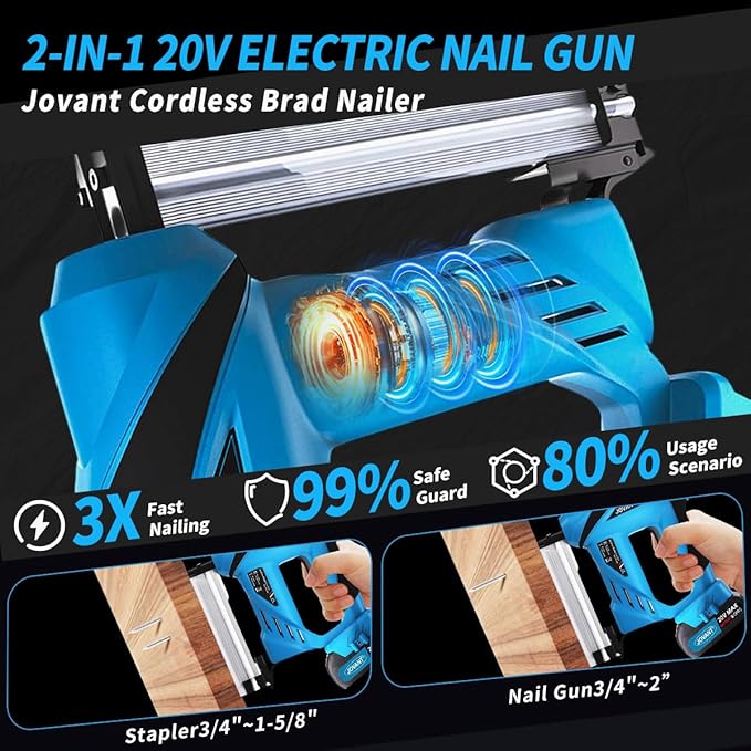 2 in 1 Nail Gun Battery Powered, 20V Cordless Nail Gun,400pcs Nails, 400pcs Staples, 2 * 2.0Ah Li-Ion Batteries and Charger, Brad Nailer for Home Improvement & DIY