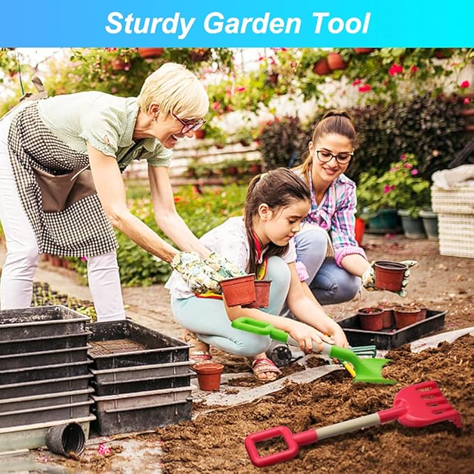 Jumbo Beach Shovels Rake Spade Toys Set for Kids, 16" Long Wooden Handle ABS Plastic Sand Scoop, Planting Summer Winter Gift for Mud Sand Snow Digging, Backyard Gardening Tool Accessories, 3 Pack