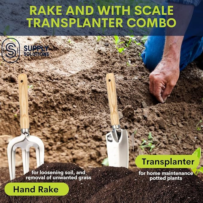 Supply Solutions Gardening Tools - Perfect Garden Tools for Women or Men - Small Heavy Duty Gardening Hand Tools with Trowel, Transplanter, Fork, Rake, and Cultivator - Ergonomic Design Gardening Kit
