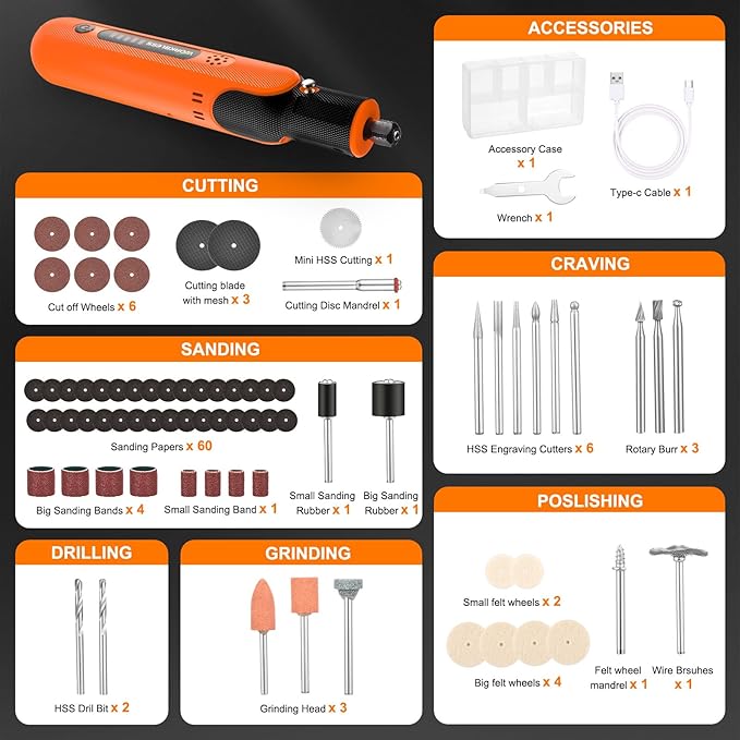 8V Cordless Rotary Tool Kit with 103pcs Accessories, USB-C Charging, 5-Speed 25000RPM mini cordless rotary tool, Power Rotary Tool for Engraving, Sanding, Drilling, Polishing, DIY Crafts