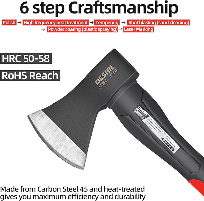 Chopping Axe, 15”Outdoor Hatchet Forged Carbon Steel Heat Treated Hand Maul Tool, Fiberglass Shock Reduction Handle with Anti-Slip Grip,Red