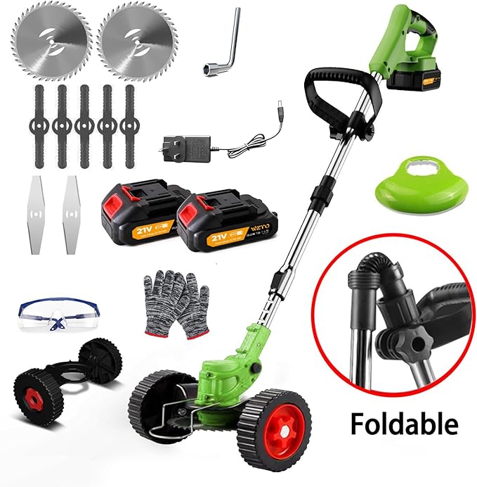 21V Electric Weed Wacker Eater Battery Powered, Cordless Weed Trimmer with 2 Battery Operated & Wheels, 3 in 1 Lightweight Grass Trimmer/Edger/Brush Cutter for Garden Yard Lawn