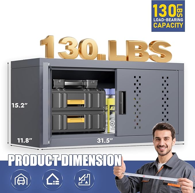 Metal Garage Storage Cabinet Industrial Style Wall Garage Cabinets with 2 Doors Tool Cabinets Wall Mounted Steel Hanging Cabinet for Warehouse Basement Kitchen Laundry - Assembly Required