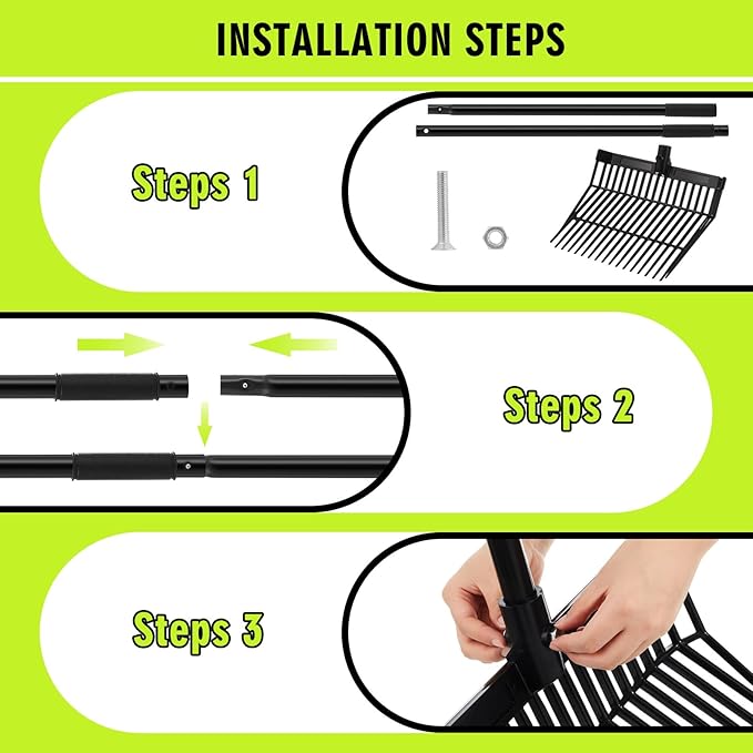 Lasnten 3 Sets Manure Fork with Long Metal Handle Pitch Fork Manure Rake Heavy Duty Muck Rake for Gardening Horse Stall Stable Grass Hay Cleaning Farm Work(Black)
