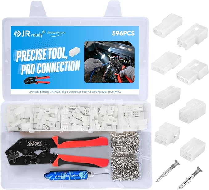 JRready ST6552 .062” Pin Connector Kit 3.68mm Pitch Upgraded Handle Pin Removal Crimping Tool 2pin 3pin 4pin 6pin Molex Wire Connectors Housing 18-24AWG Pins Sockets 1.57mm Diameter