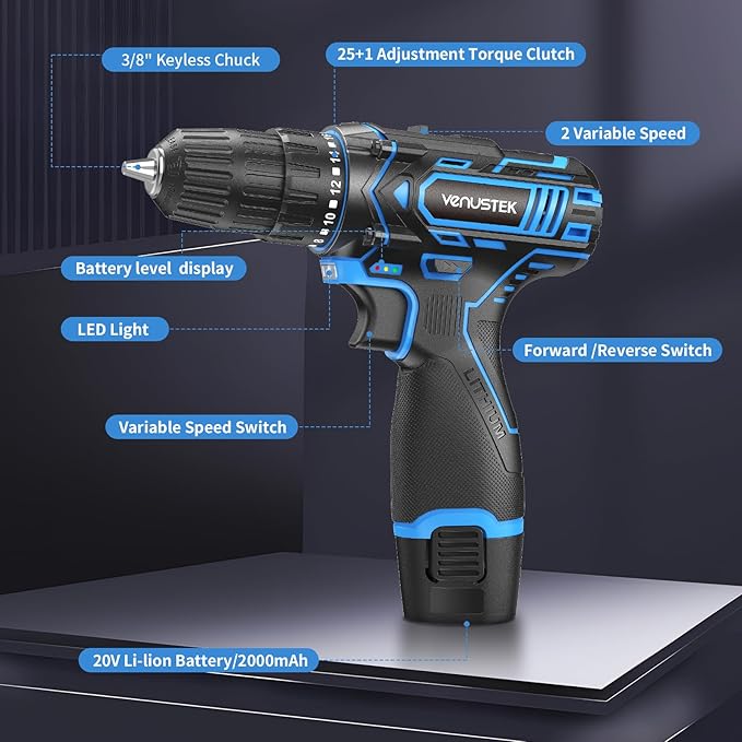 Cordless Drill Set, 12V Power Drill with 2.0Ah Battery and 2-Speed, 30Nm Torque, 25+1 Clutch Settings, 3/8" Keyless Chuck, Blue Electric Drills for Home DIY, Wood, Metal, Plastic Drilling