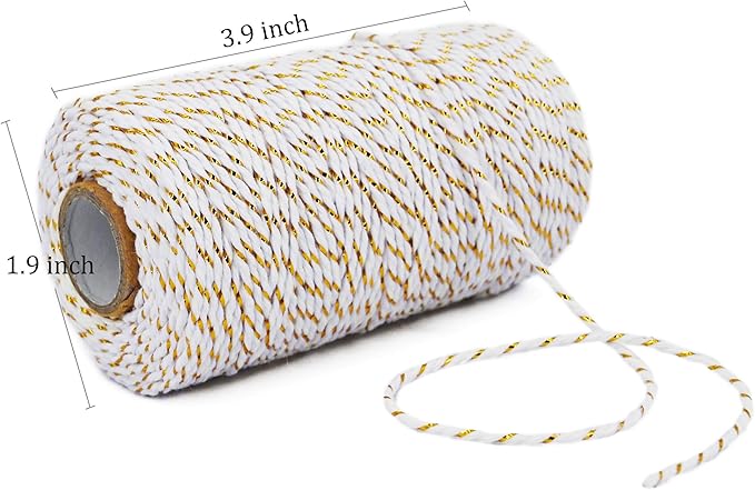 Leecogo Cotton Twine Gold and White Baker String 2mm Thick 328 Feet Christmas Twine for Gift Wrapping DIY Crafts Home Party Decoration Gardening
