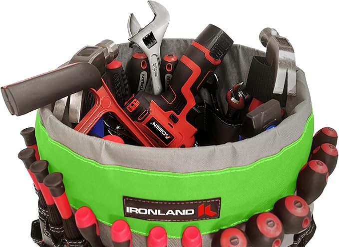 IRONLAND Bucket Tool Organizer Fit 3.5-5 Gallon Bucket, 51 Pockets, Bucket Tool Caddy Organization for Garden, Construction, Carpenter, Electrician, Builder Green & Black