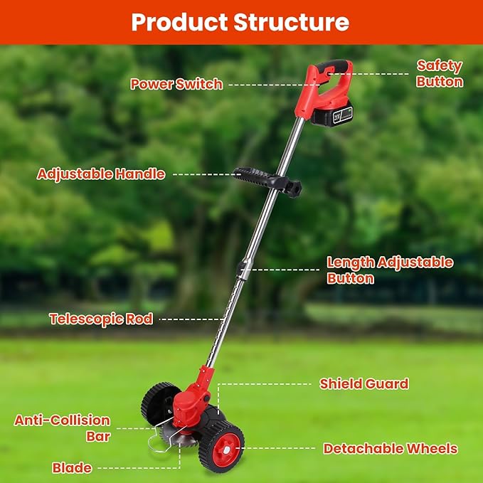 Cordless Weed Wacker, 2x2.5Ah Battery Powered Grass Trimmer, Electric Weed Eater with Wheels, 3-in-1 Electric Lawn Edger with 3 Types Blades Brush Cutter for Garden, Yard