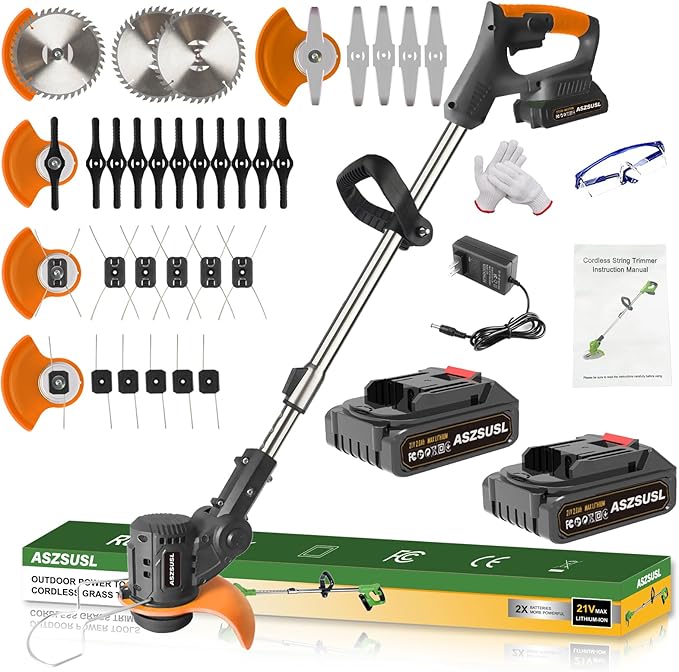 Electric Weed Wacker Cordless: 21V Battery Powered Weed Eater with 2 * 2.0Ah Battery, Charger & 5 Types Blade Lightweight Grass Trimmer for Garden Yard Lawn Work