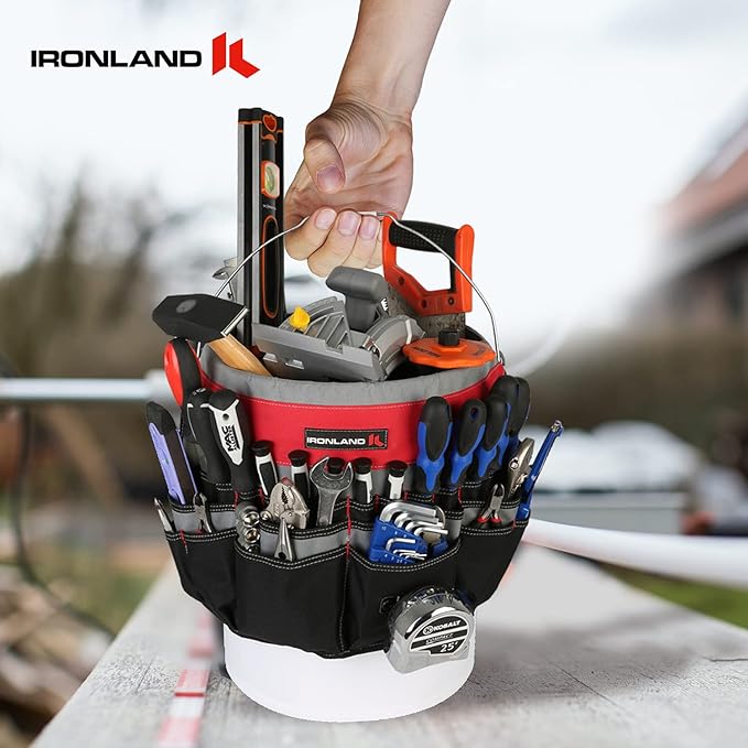 IRONLAND Bucket Tool Organizer Fit 3.5-5 Gallon Bucket, 51 Pockets, Bucket Tool Caddy Organization for Garden, Construction, Carpenter, Electrician, Builder Red & Black