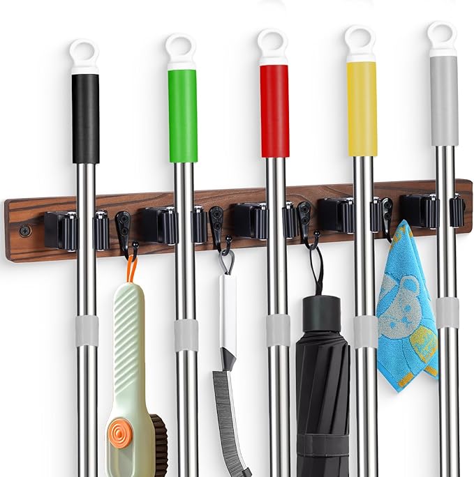Broom Holder Wall Mount With 5 Slots & 4 Hooks,Rustic Wood Broom & Mop Hanger,Wall Mounted Garden & Garage Tool Storage Organizer Rack for Closet Laundry Room or Kitchen Wall Decor