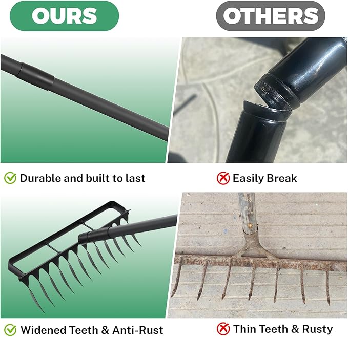 Stirrup Hoe Garden Tool Weed Puller with 76.8Inch Adjustable Stainless Steel Handle, Heavy Duty Hula Hoe and 12 Tines Rake 2 in 1 Gardening Tools Garden Cultivator for Weeding Soil Loosening, Black