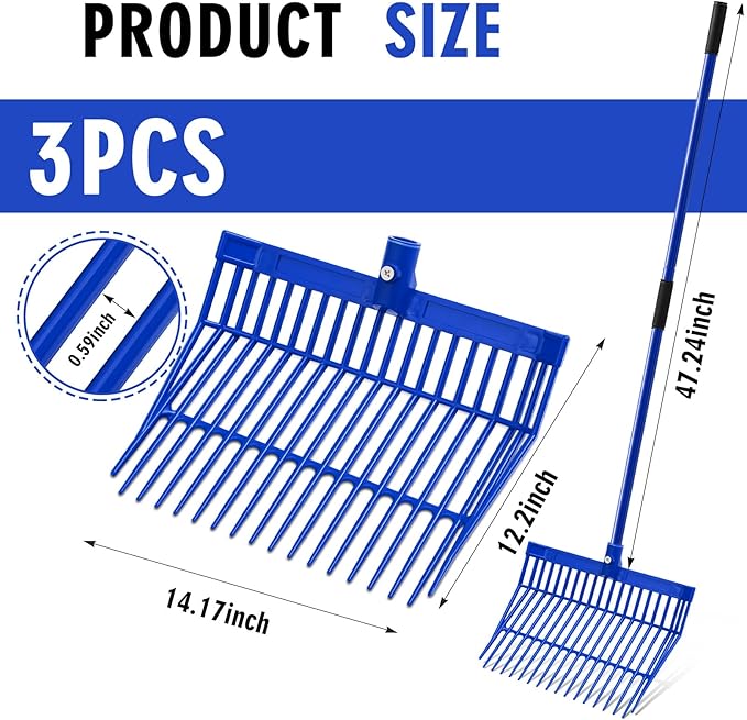Lasnten 3 Sets Manure Fork with Long Metal Handle Pitch Fork Manure Rake Heavy Duty Muck Rake for Gardening Horse Stall Stable Grass Hay Cleaning Farm Work (Blue)