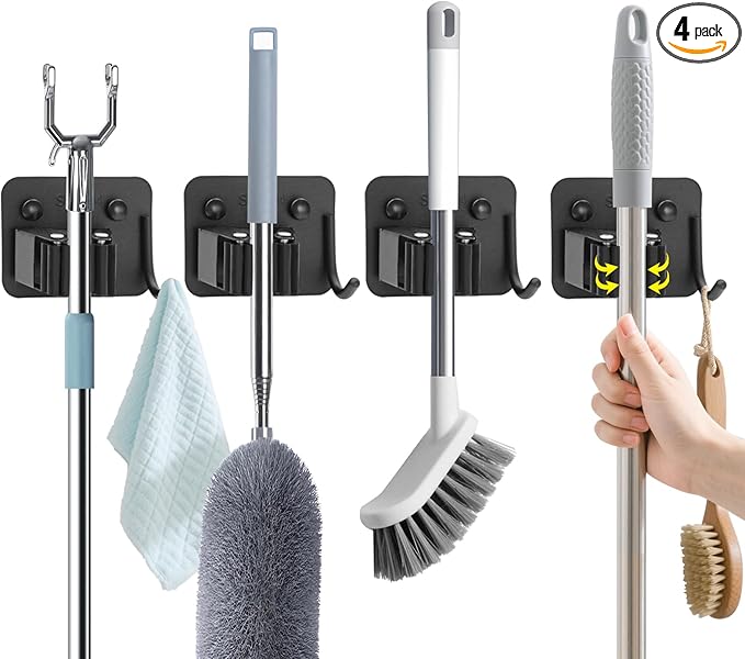 Broom Holder Wall Mount with Screws (4 Pack) Broom and Mop Organizer Wall Hanging, Anti-Slip Mop Holder Broom Hanger with Hooks, Stainless Steel Tool Rack for Garden Garage Organization