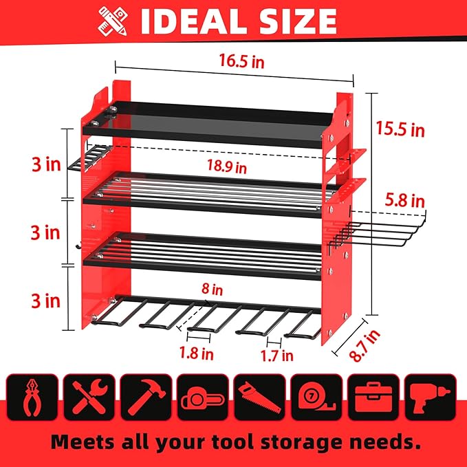 Power Tool Organizer Wall Mount with 4-Drill Holders-400Lbs Load Heavy Duty Metal 4-Layers Garage Storage & Organization Battery Tools Rack with Side Panels Utility Racks Workshop Gifts for Men