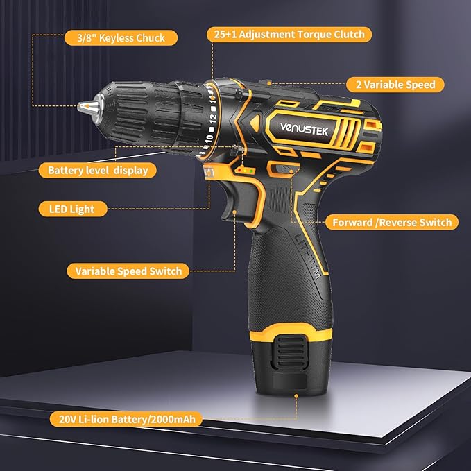 Cordless Drill Set, 12V Power Drill with 2.0Ah Battery and 2-Speed, 30Nm Torque, 25+1 Clutch Settings, 3/8" Keyless Chuck, Yellow Electric Drills for Home DIY, Wood, Metal, Plastic Drilling