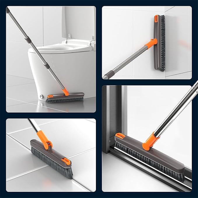 AIR U+ Grout Brush with Long Handle 180° Swivel Scrub Brush with Tweezers to Hair Clip V-Shape Grout Line Scrubber Stiff Bristles for Deep Cleaning Crevice, Tile Line, Shower, Kitchen, Corners