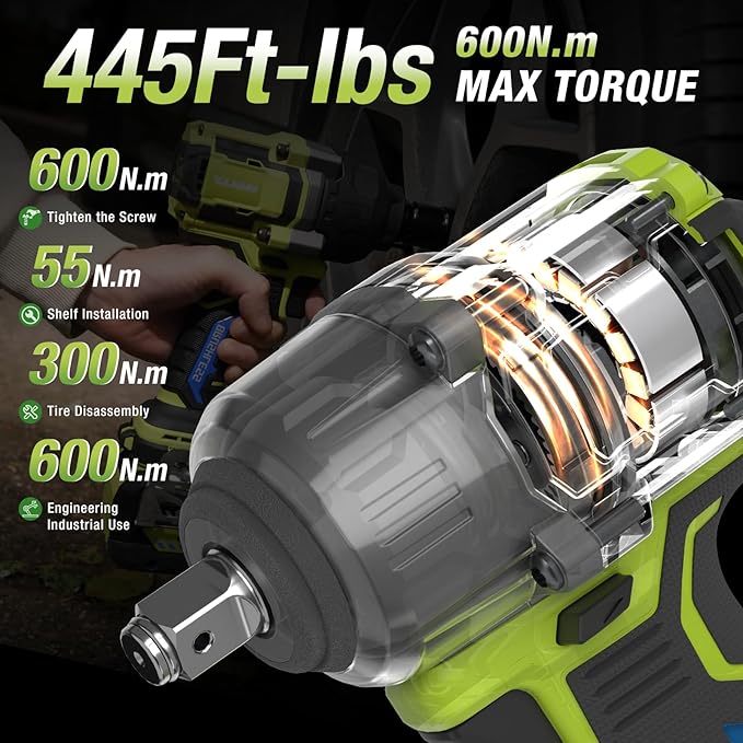 24V Cordless Impact Wrench, 450Ft-lbs(600N.m) Brushless Electric Wrench Kit with 3-Mode speed, Fast Charger and 2×5Ah Li-Ion Battery,Power Cmpact Driver with LED Light for Car Truck(IW2401)