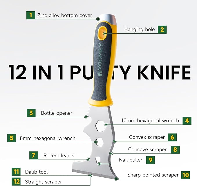 Voomey 12-In-1 Putty knife, Paint Scraper Tool, Stainless Steel Paint Scraper, 2 packs, Metal Scraper for Cleaning Paint Rollers, Hammers, Removing Wall Cracks
