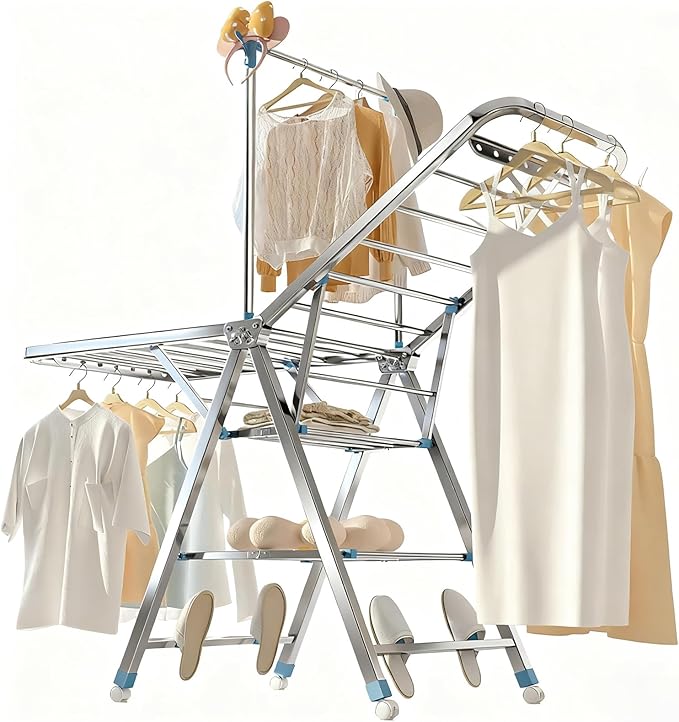 Heavy Duty Clothes Drying Rack Foldable with Brake Wheels,75''Extra-Thick Metal Frame, 26 Rods Commercial-Grade Large Capacity,No Assembly Required, Adjustable Height for Indoor Outdoor Use
