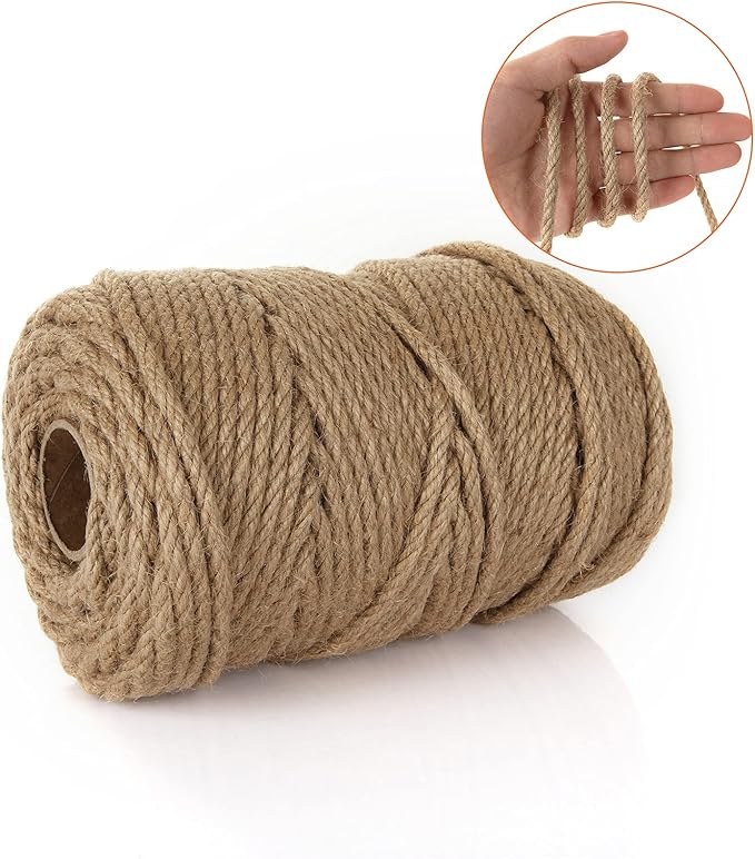 328ft Jute Twine 6mm 4-Ply Natural Thick Jute Rope 1/4' Heavy Duty Hemp for Cat Scratch Post, DIY Art Craft, Gardening, Home Decorating, Gift Wrapping