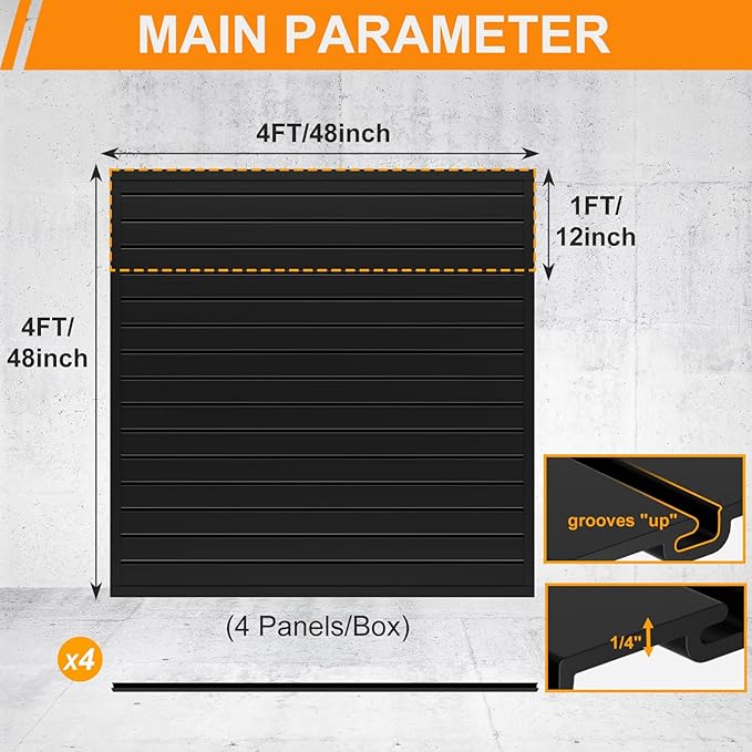 DoCred Slatwall Paneling Organizer, 4x4 FT PVC Garage Slat Wall Storage Systems, Heavy Duty Mounted Slat Peg Board for Tool Organization Ladder Bike Includes 27 PCS Hooks Accessories Kit (Black)